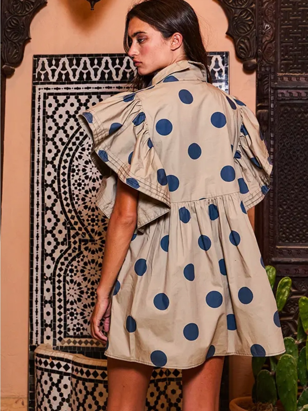 BUCKETLIST Taupe Mini Dress with Navy Polka Dots - Picture 3 of 7